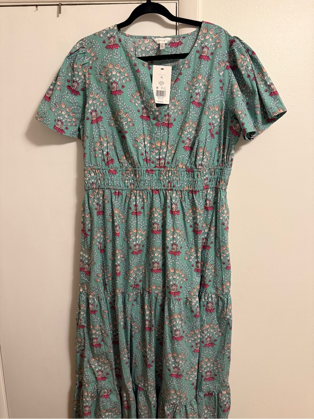 crown & ivy Teal Maxi Dress with Pink Floral Motif